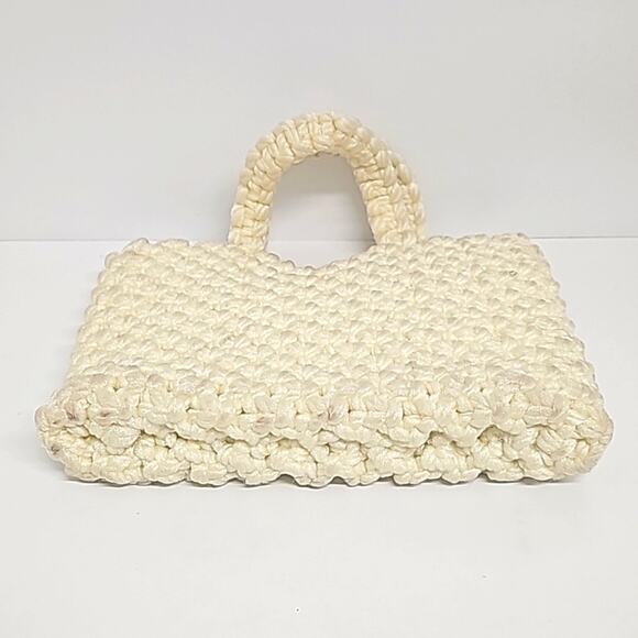 Macrame Crochet Knit Womens Handbag Purse Ivory Peel & Stick Closure 10" x 7.75" - Picture 6 of 11